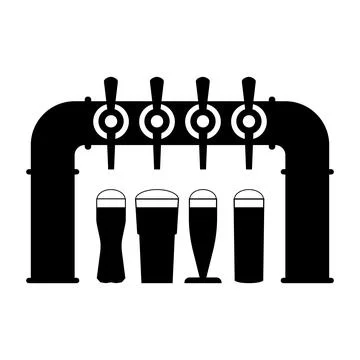Beer pump with set of taps and handles and full beer glasses with foam. Illustrazione stock