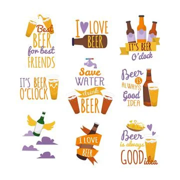 Beer quotes sticker pack, vector illustration. Beer bottles, glasses emblem for イラスト素材