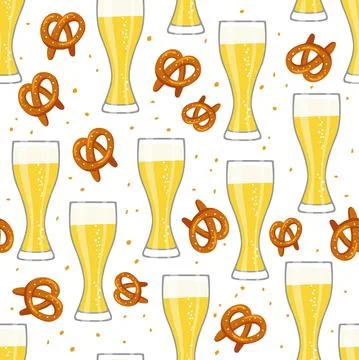 Beer Seamless pattern. Beer glasses and pretzes on white background Stock Illustration