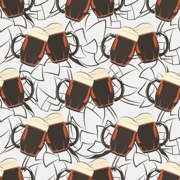 Beer seamless pattern with beer mugs and hops silhouetes Stock Illustration