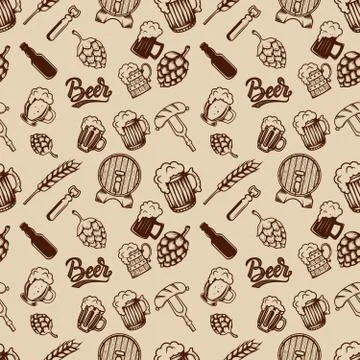 Beer seamless pattern. Beer mugs, bottles, wheat. Design element イラスト素材