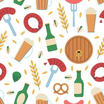 Beer seamless pattern. Brewery elements background. Oktoberfest food and drinks Stock Illustration