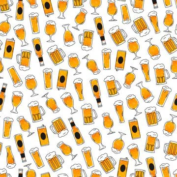 Beer seamless pattern with glasses, bottles, cans and jugs of beer, ornament for Stock Illustration