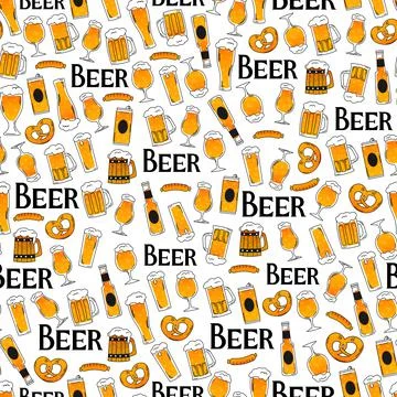 Beer seamless pattern with glasses, bottles, cans and jugs of beer and beer Stock Illustration