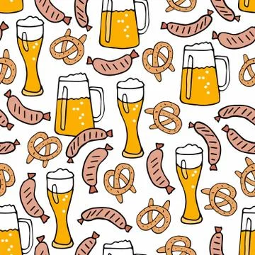 Beer seamless pattern. Vector hand drawn doodle beer mug, glass, Bavarian Illustrazione stock