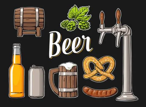 Beer set with tap, class, can, bottle, barrel, sausage, pretzel and hop Illustrazione stock