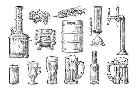 Beer set with tap, class, can, bottle and tanks from brewery factory. Illustrazione stock