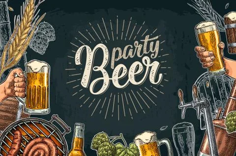 Beer set with tap, class, can, bottle and tanks from brewery factory. Stock Illustration