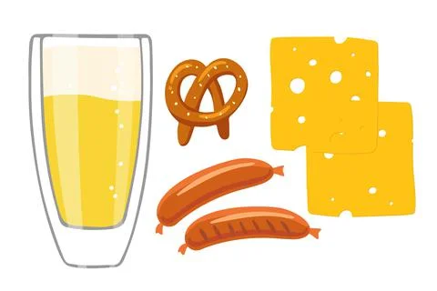 Beer set. Vector beer glass and snacks, Bavarian sausages, pretzel, pieces of Stock Illustration