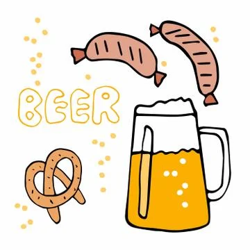Beer set. Vector hand drawn doodle beer mug, Bavarian sausage, pretzel Stock Illustration