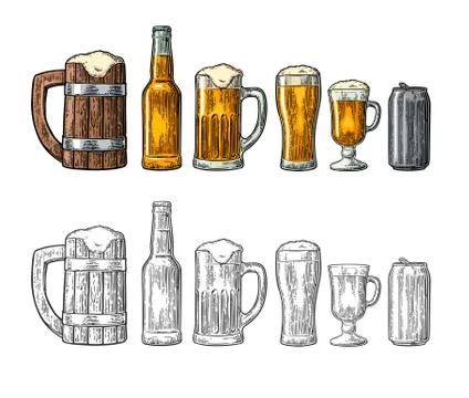 Beer set with wood mug, glass, metallic can, bottle. Engraving Stock Illustration