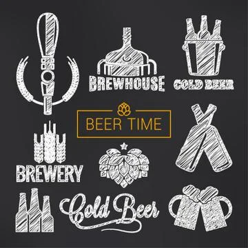 Beer sketch vector set. Beer glass and bottle Illustrazione stock
