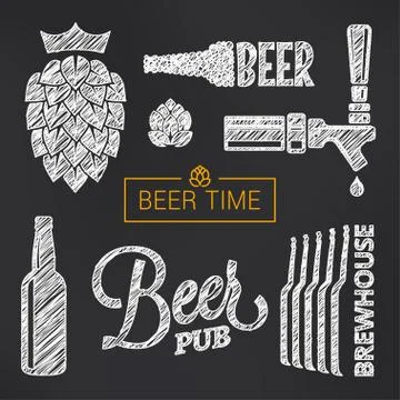 Beer sketch vector set. Beer glass and bottle Stock Illustration