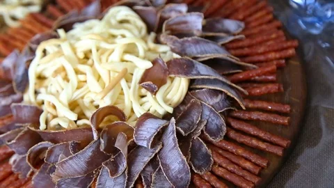 Beer snacks. bar table. restaurant, pub, oktoberfest. variety of delicious Vidéo 123761823