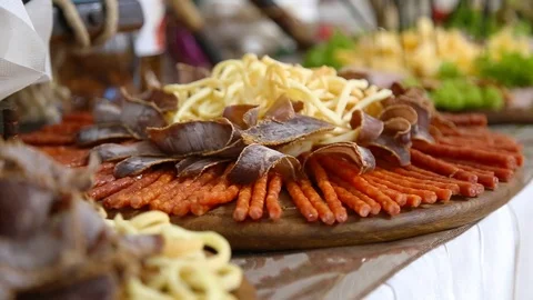 Beer snacks. bar table. restaurant, pub, oktoberfest. variety of delicious Vidéo 123761871