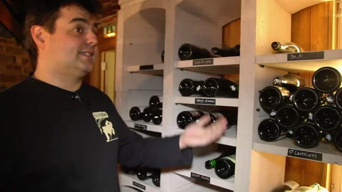 Beer Sommelier Bar Owner Explaining Vintage Bottles In Cellar Handheld Shot 스톡 동영상 346887068
