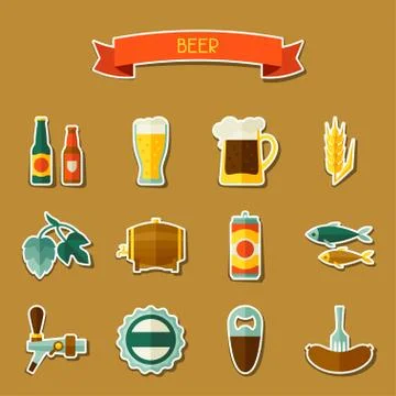 Beer sticker icon and objects set for design Stock Illustration