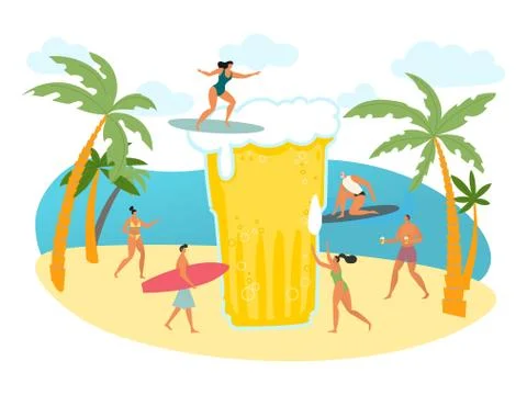 Beer on summer beach concept, tiny people surfing, refreshing drink on vacation Ilustración de archivo