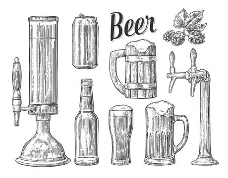 Beer tap, class, can, bottle, barrel and hop. Vintage vector engraving illust Illustration