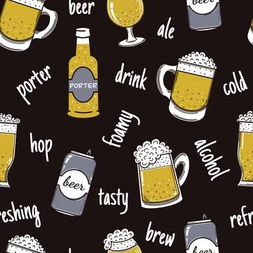 Beer in various containers seamless vector pattern. Alcohol in a mug, glass Ilustración de archivo