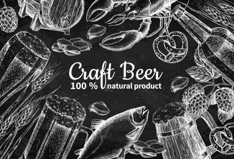 Beer vector chalkboard frame banner. Alcohol beverage hand drawn illustration Stock Illustration