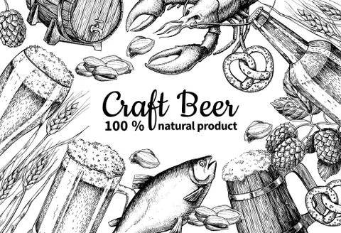 Beer vector frame banner. Alcohol beverage hand drawn illustration. Beer gl.. Illustrazione stock