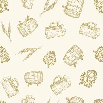 Beer Vector Seamless Background Pattern. Hand Drawn Hop, Barrel, Wheat Spicas Stock Illustration