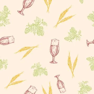 Beer Vector Seamless Background Pattern. Hand Drawn Hop Branches, Wheat Spicas イラスト素材