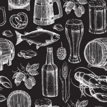 Beer vector seamless pattern. Alcohol beverage hand drawn backgr Stock Illustration