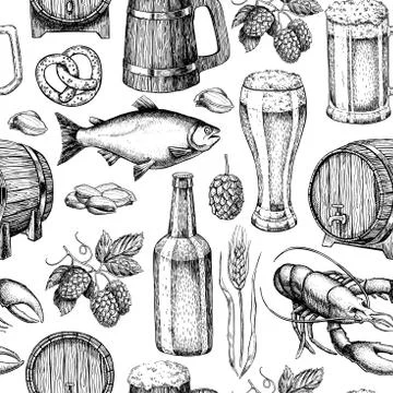 Beer vector seamless pattern. Alcohol beverage hand drawn backgr イラスト素材