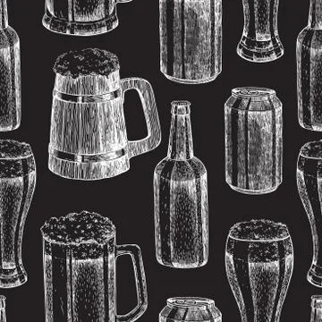 Beer vector seamless pattern. Beer glass, mug, wooden mug, bottl Stock Illustration