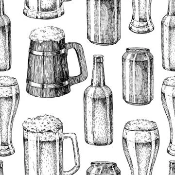 Beer vector seamless pattern. Beer glass, mug, wooden mug, bottl Stock Illustration