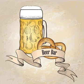 Beer ware background in retro style. Beer Mug banner. Beer Glass doodle eng.. Stock Illustration
