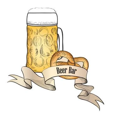 Beer ware background in retro style. Beer Mug banner. Beer Glass doodle eng.. Stock Illustration