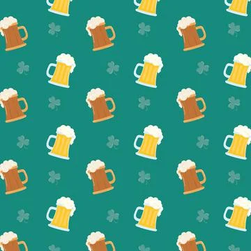 Beers and clovers leafs pattern background Illustrazione stock