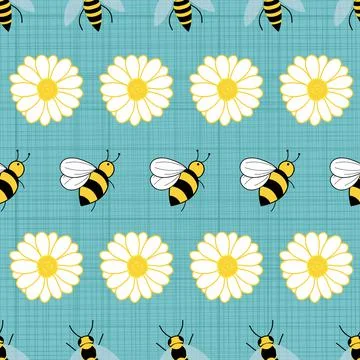 Bees and flowers repeat pattern on textured stripes background Stock Illustration