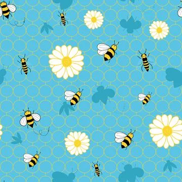 Bees and flowers seamless pattern on geometric blue background Stock Illustration