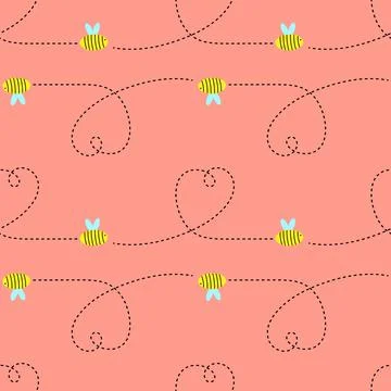 Bees and hearts from a dotted line on a red background. Stock Illustration