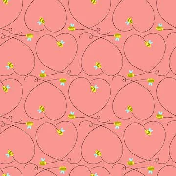 Bees and hearts from a dotted line on a red background. Stock Illustration