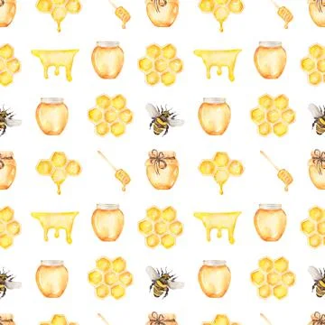 Bees and honey seamless pattern, Watercolor Insect repeat paper, Cute yummy Stock Illustration
