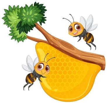 Bees and Honeycomb on Tree Branch Stock Illustration