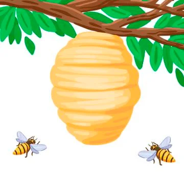 Bees are flying to the hive on a tree branch. Vector illustration Stock Illustration