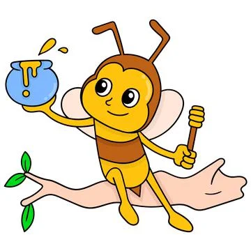Bees are sitting on a tree branch taking natural honey, doodle icon image kaw Illustrazione stock
