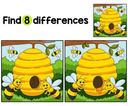 Bees with Beehive Farm Find The Differences Stock Illustration