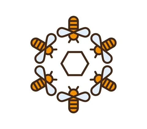 Bees in a circle linear drawing. Honey comb Stock Illustration
