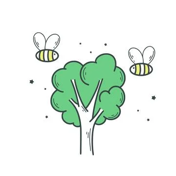 Bees circling on tree simple hand drawn illustration Illustrazione stock
