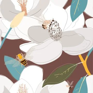 Bees collect nectar from the core of large flowers seamless vector pattern Stock Illustration