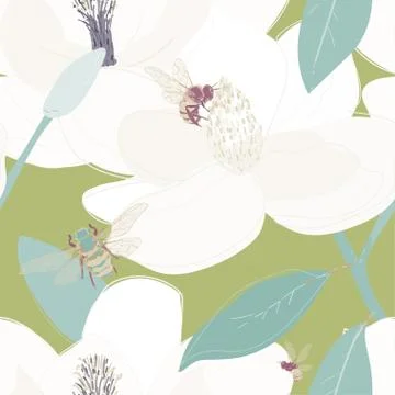 Bees collect nectar from the core of large flowers seamless vector pattern Stock Illustration