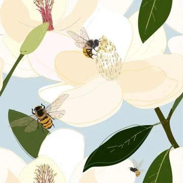 Bees collect nectar from the core of large flowers seamless vector pattern Stock Illustration