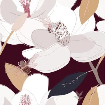 Bees collect nectar from the core of large flowers seamless vector pattern Stock Illustration